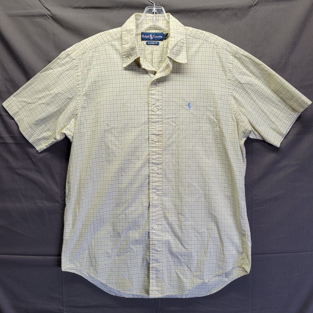 Ralph Lauren Button Down Short Sleeve Shirt Classic Fit Sz M Yellow/Blue Plaid